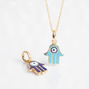 14K Solid Gold Hamsa Necklace, Hand of Fatima Pendant, Fatima Hand Necklace, Blue Enamel Hamsa, Evil Eye Protection Charm, Spiritual Jewelry