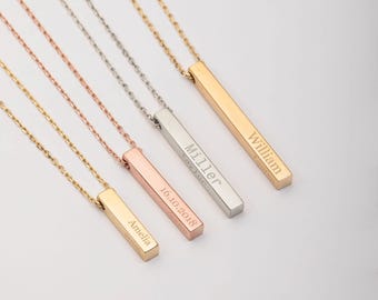 Personalized Vertical Bar Pendant in 14K 18K Real Solid Gold, Floating Custom Bar Pendant Necklace, Custom Name Date Memorial Bar Pendant
