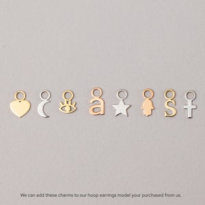 Dangle Drop Charms for Hoop Earrings 14K 18K solid Gold, Minimalist Simple Charms Moon Star Heart Cross Hamsa Letter Custom Icons for Hoops.