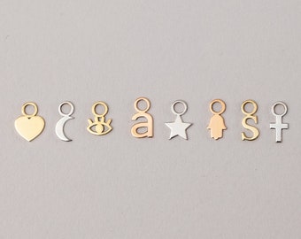 Dangle Drop Charms for Hoop Earrings 10K 14K 18K solid Gold, Minimalist Simple Charms Moon Star Heart Cross Hamsa Letter Custom Icons