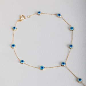 Evil Eye Sahmeran Bracelet, 14K Real Solid Gold Finger Chain Bracelet, Dainty Multi Evil Eye Ring Chain Bracelet, Protection Bracelet