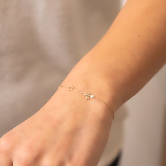 14k 18K Real Gold Dainty Bee and Single Honeycomb Bracelet, Dainty Gold Bumblebee and Hexagon Bracelet with Cable Chain, Honey Bee Bracelet