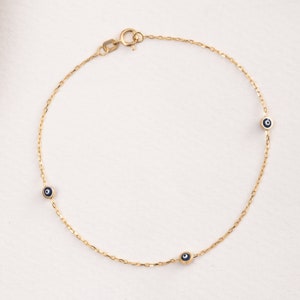 14K Solid Gold Enamel Eye Bracelet • Yellow Gold Tiny 3 Eye Station Bracelet • Minimalist Thin Turkish Greek Eye Charm Bracelet Gift for Mom