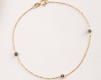 14K Solid Gold Enamel Eye Bracelet • Yellow Gold Tiny 3 Eye Station Bracelet • Minimalist Thin Turkish Greek Eye Charm Bracelet Gift for Mom