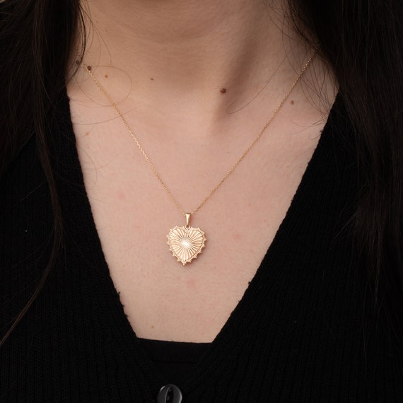 Double Sided Sunbeam Heart Urn Necklace, 14K 18K Real Gold Heart