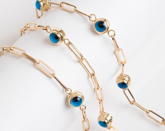 Pulsera de ojo malvado de oro macizo de 14 quilates, pulsera de cadena con clip de ojo malvado azul, pulsera de estación de oro amarillo, joyería pequeña y delicada con cuentas Nazar