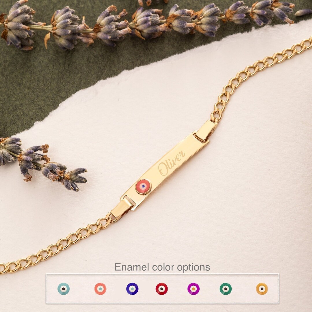 Evil Eye Baby Bracelet With Rectangle Bar in 14K Real Gold Custom