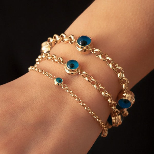 14K Solid Gold Evil Eye Bracelet, Gold Blue Evil Eye Rolo Chain Bracelet, Yellow Gold Rolo Chain Evil Eye Station Bracelet