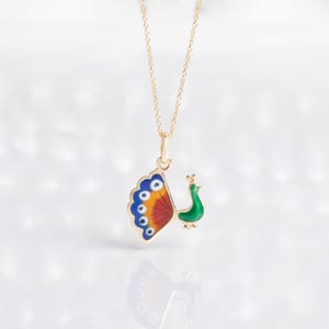 14K Real Gold Peacock Necklace, Elegant Peacock Pendant, Colorful Animal Charm, Nature Inspired Jewelry, Dainty Colorful Enamel Gold Jewelry