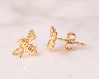 14K 18K Solid Gold Bee Studs Earrings • Cute Gold Bee Earrings • Bumble Bee Stud Gold Earrings • Incent Jewelry • Bee Earrings Gift For Her