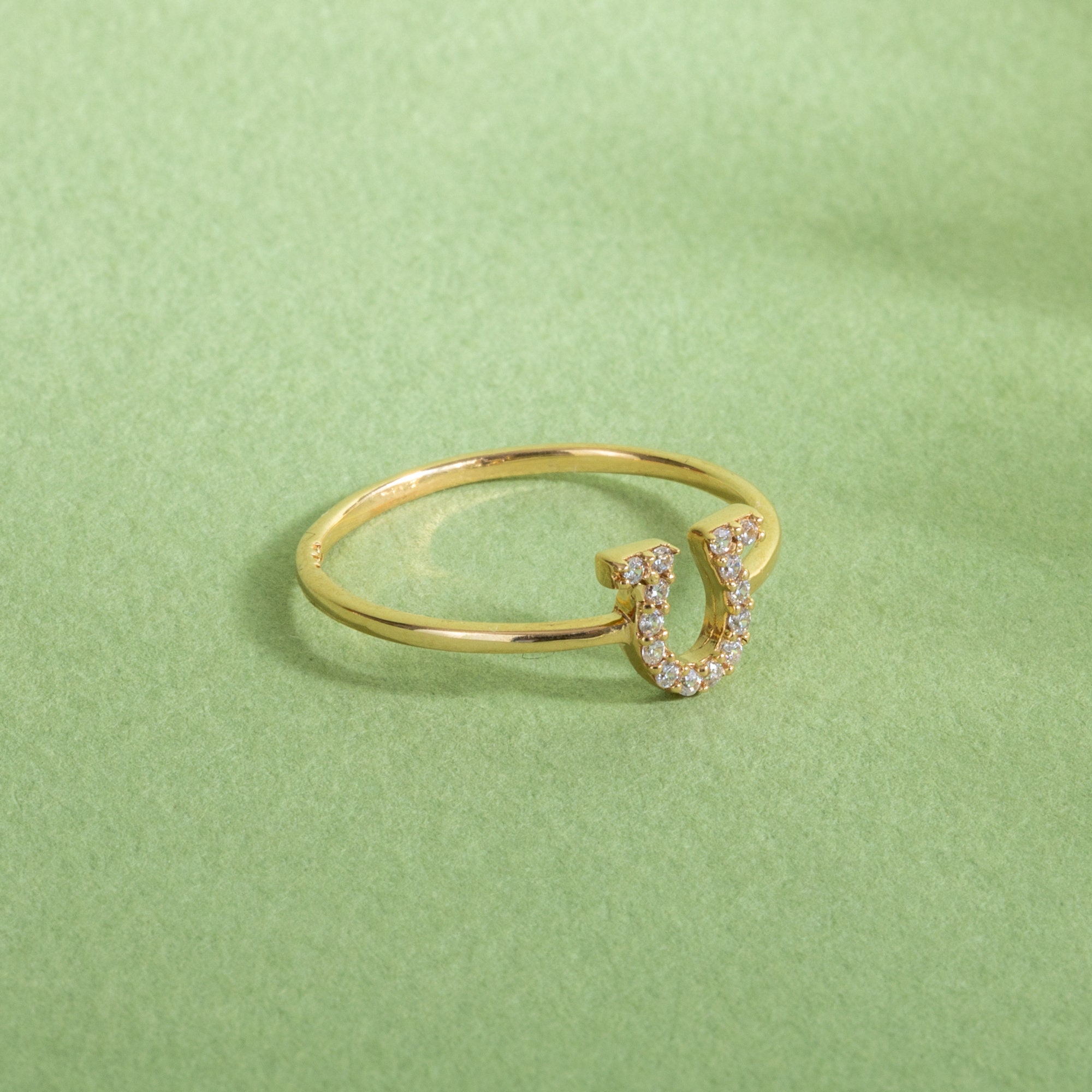 Horseshoe Ring 14K Solid Gold, Lucky Horse Shoe Ring, CZ Stone