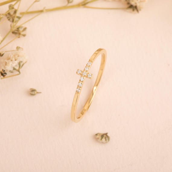 Cross Ring With CZ Stones, Real Gold Cross Ring, 14K 18K Solid