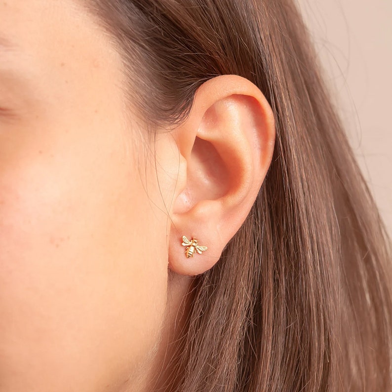 14K 18K Solid Gold Bee Studs Earrings Cute Gold Bee Earrings Etsy