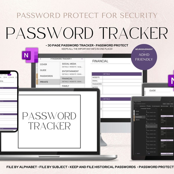 Digital PASSWORD TRACKER Book Log OneNote | Hyperlinked Password Keeper, Password Organizer, Password Log, Portrait Digital Planner
