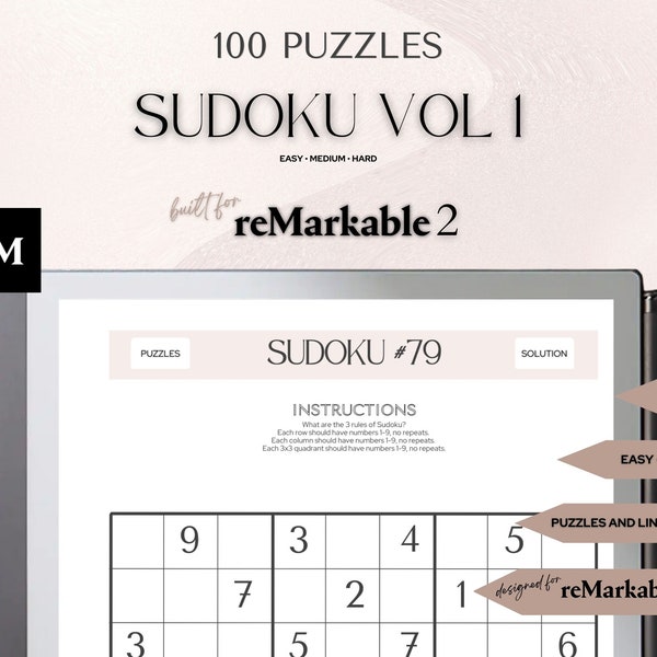 SUDOKU Vol 1 | Remarkable 2 Templates GAMES | Remarkable | Digital | Fully Hyperlinked | Brain Teasers | Games for Adults | Wellness