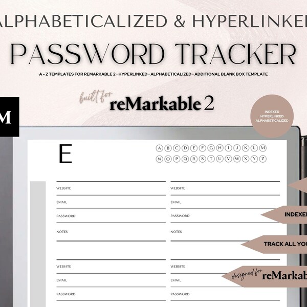 Password Tracker for reMarkable 2 Template | Password Organizer | Alphabeticalized and Fully Hyperlinked | reMarkable Templates