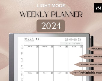 2024 reMarkable 2 WEEKLY PLANNER Sunday + Monday Starts | reMarkable 2 Templates | Portrait | Fully Hyperlinked | Digital Download