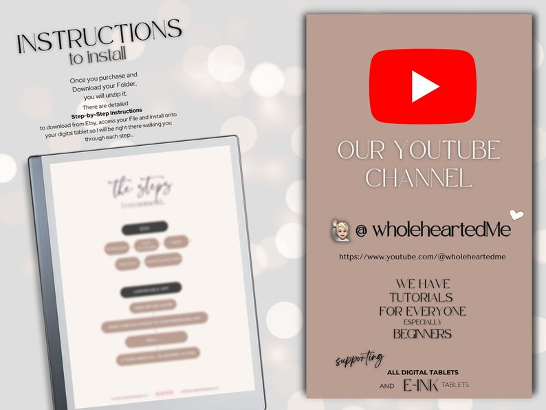 May include: A digital illustration of a tablet screen with the text "the steps" and a YouTube icon with the text "OUR YOUTUBE CHANNEL @wholeheartedMe https://www.youtube.com/@wholeheartedme WE HAVE TUTORIALS FOR EVERYONE ESPECIALLY BEGINNERS supporting ALL DIGITAL TABLETS AND E-INK TABLETS".