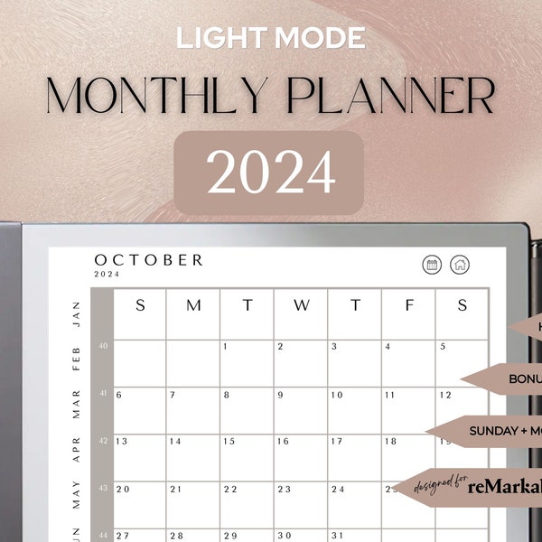 reMarkable 2 Monthly Planner 2024 Light MODE | Remarkable 2 Templates | Sunday & Monday Starts | Hyperlinked Planner | 2 Indexes