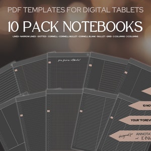 NOTEBOOKS 10 Pack Dark Mode | Hyperlinked Digital Notebooks x 10 Styles | for reMarkable Paper Pro / rM2 / BOOX