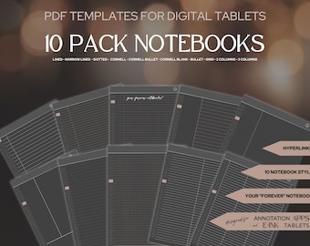Dark Mode Digital Notebooks 10-Pack | Hyperlinked PDF for reMarkable & BOOX