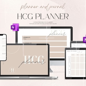 May include: A digital planner for the HCG diet. The planner is shown on a laptop, desktop computer, and tablet. The planner includes sections for meal planning, loading phase, and HCG phases.