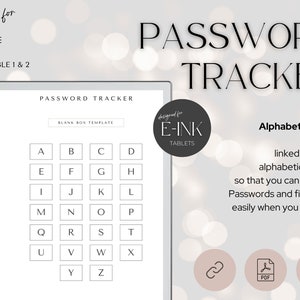 May include: A printable password tracker template for digital note-taking devices like the Supernote Boox and Remarkable 1 & 2. The template features an alphabetical index with blank boxes for each letter, allowing users to organize their passwords.