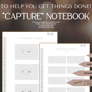 Puede incluir: Una plantilla de cuaderno digital con el texto "CAPTURE" en fuente grande. La plantilla presenta 30 páginas numeradas con casillas en blanco y viñetas. La plantilla está diseñada para su uso con aplicaciones de anotación y tabletas de tinta electrónica.
