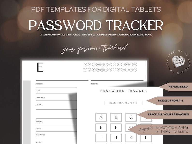 May include: A printable password tracker template for digital tablets. The template is designed for e-ink tablets and annotation apps. The template includes a blank box template and a-z indexed templates. The template is hyperlinked and includes a section for website, email, password, and notes.