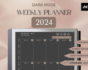 2024 opmerkelijke 2 WEKELIJKSE Planner DONKER-modus | Zo + ma begint | opmerkelijke 2 sjablonen | Portret | Volledig hyperlink | Digitaal downloaden