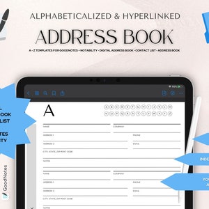 CARNET D&#39;ADRESSES numérique pour GoodNotes Notability • Liste de contacts • Carnet d&#39;adresses • Par ordre alphabétique et avec liens hypertexte complets