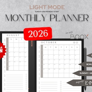 May include: Digital monthly planner for 2026 in light mode, designed for E-Ink tablets. Features a Sunday and Monday start calendar with bonus templates and hyperlinks. The image shows August and October calendars.
