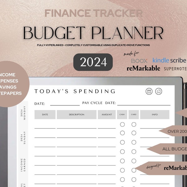 Planificateur BUDGÉTAIRE 2024 | de planificateur financier reMarkable 2 | Modèle personnel et professionnel | Budgets entièrement hypertextes
