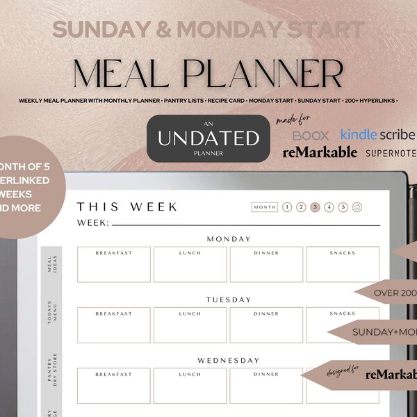 Planificateur de repas - un planificateur non daté | 5 semaines + pages mensuelles | Lien hypertexte | Liste d'achats | Epicerie | Recettes | Modèle reMarkable 2