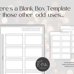 May include: A blank box template for use with an e-ink tablet. The template has a grid of boxes with the word "INDEX" on the left side. The text "designed for E-INK TABLETS" is at the bottom of the page. The text "On the reMarkable we use the Grid/Long Press/Duplicate/Move functions to CUSTOMISE our documents." is at the bottom right of the page.