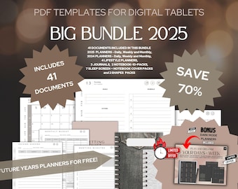 May include: A digital planner bundle for tablets with 41 documents, including daily, weekly, and monthly planners for 2024 and 2025. The bundle also includes lifestyle planners, journals, notebook packs, sleep screen covers, and shape packs. Save 70% on this limited-time offer.
