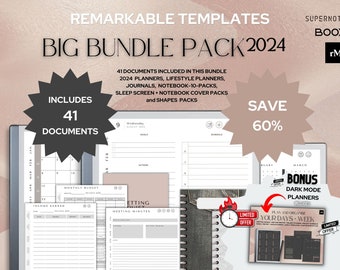 BIG BUNDLE for reMarkable 2 | Planning, Notebooks, Meetings, Finances, Sleep Screens, Notebook Covers & Shapes | 25 Products | rM2 Templates