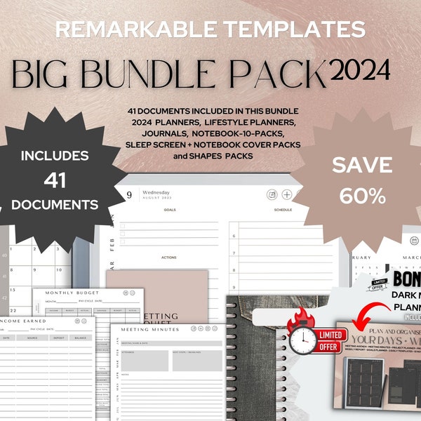 BIG BUNDLE for reMarkable 2 | Planning, Notebooks, Meetings, Finances, Sleep Screens, Notebook Covers & Shapes | 25 Products | rM2 Templates