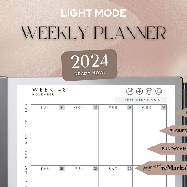 2024 reMarkable 2 WEEKLY PLANNER Sunday + Monday Starts | reMarkable 2 Templates | Portrait | Fully Hyperlinked | Digital Download