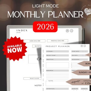 May include: A digital planner for 2026 in light mode with a project planner section, work goals, personal goals, and a note section. The planner is available now. The planner is designed for Remarkable tablets and E Ink.