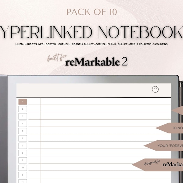 Hyperlinked NOTEBOOKS 10 PACK | reMarkable 2 Templates Digital Notebook | Digital Notebook Hyperlinks for Professionals and Students