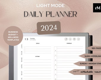 reMarkable DAILY PLANNER 2024 Light Mode | reMarkable Daily Planner Templates | Sunday + Monday Starts | Portrait | Remarkable