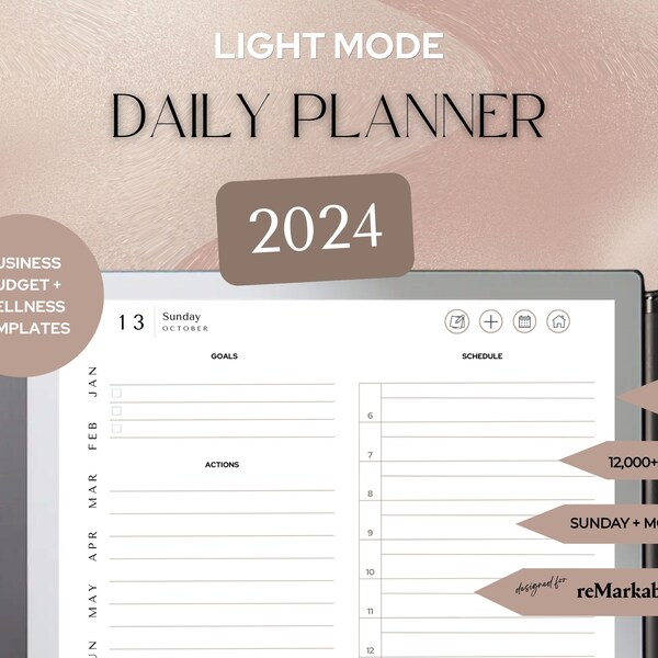 reMarkable DAILY PLANNER 2024 Light Mode | reMarkable Daily Planner Templates | Sunday + Monday Starts | Portrait | Remarkable