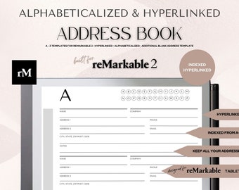 Modèle de CARNET D'ADRESSES pour reMarkable 2 | Organiseur de carnet d'adresses | Par ordre alphabétique et entièrement lié aux hyperliens | Modèles remarquables