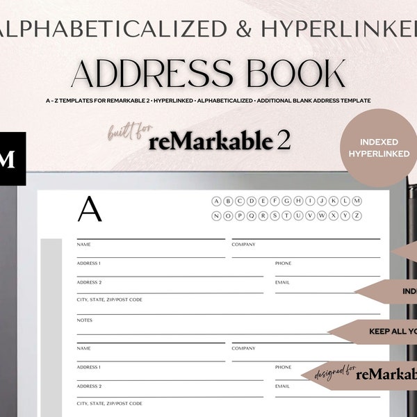 ADDRESS BOOK for reMarkable 2 Template | Address Book Organizer | Alphabeticalized and Fully Hyperlinked | reMarkable Templates