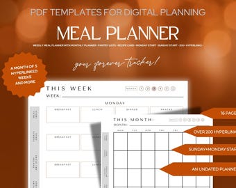 Digital Meal Planner For reMarkable + Monthly Pages • Sunday + Monday Start • Shopping List • Grocery List • Recipe Card • Fully Hyperlinked