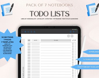 TODO LISTS 7-Pack | GOODNOTES ToDo List • Fast Linked 7 Pack • Digital • Fast Hyperlinked • 50 Sections in each ToDo Notebook Pack