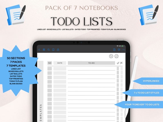 TODO LISTS 7-Pack | GOODNOTES ToDo List • Fast Linked 7 Pack • Digital • Fast Hyperlinked • 50 Sections in each ToDo Notebook Pack