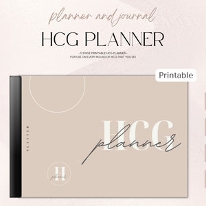 Peut inclure: Planificateur HCG imprimable avec un fond beige et un cercle blanc avec le texte "HCG planner" en noir. Le planificateur comprend des sections pour le suivi quotidien, la liste des aliments, le menu et le plan d'achats.