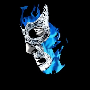May include: A digital illustration of a luchador mask with a silver textured design and blue flames on a black background. The mask has a distinctive shape with eye openings and a nose piece. The blue flames add a dynamic element to the design.